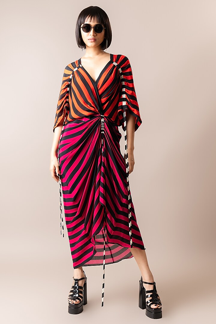 Tangerine & Magenta Crepe Stripe Printed Gathered Midi Dress by Nupur Kanoi