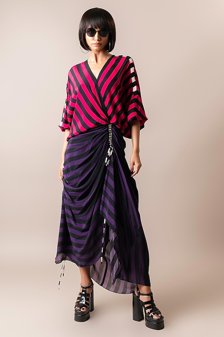 Magenta & Aubergine Crepe Stripe Printed Wrap Midi Dress by Nupur Kanoi