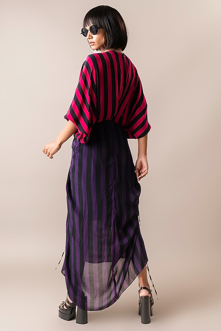 Magenta & Aubergine Crepe Stripe Printed Wrap Midi Vacation Dress by Nupur Kanoi at Pernia's Pop Up Shop