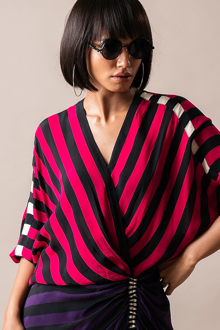 Magenta & Aubergine Crepe Stripe Printed Wrap Midi Vacation Dress by Nupur Kanoi at Pernia's Pop Up Shop