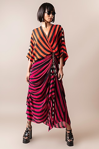 Tangerine & Magenta Crepe Stripe Printed Wrap Midi Dress by Nupur Kanoi