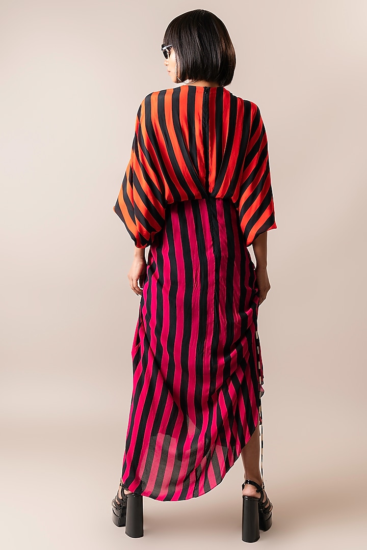 Tangerine & Magenta Crepe Stripe Printed Wrap Midi Vacation Dress by Nupur Kanoi at Pernia's Pop Up Shop