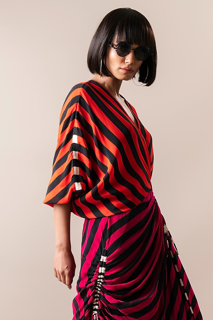 Tangerine & Magenta Crepe Stripe Printed Wrap Midi Vacation Dress by Nupur Kanoi at Pernia's Pop Up Shop