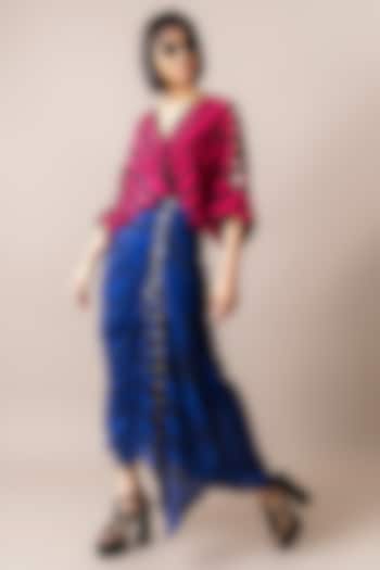 Magenta & Cobalt Crepe Stripe Printed Wrap Midi Dress by Nupur Kanoi