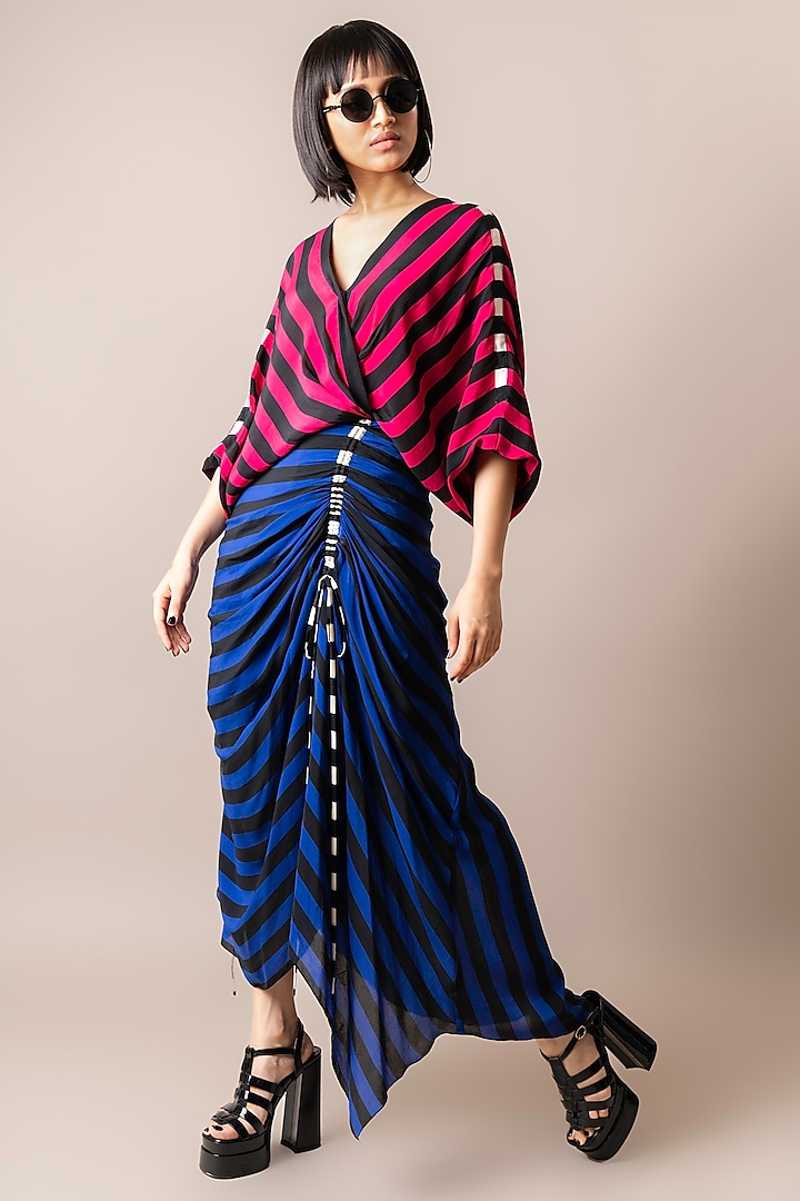 Magenta & Cobalt Crepe Stripe Printed Wrap Midi Dress by Nupur Kanoi
