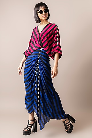 Magenta & Cobalt Crepe Stripe Printed Wrap Midi Dress by Nupur Kanoi