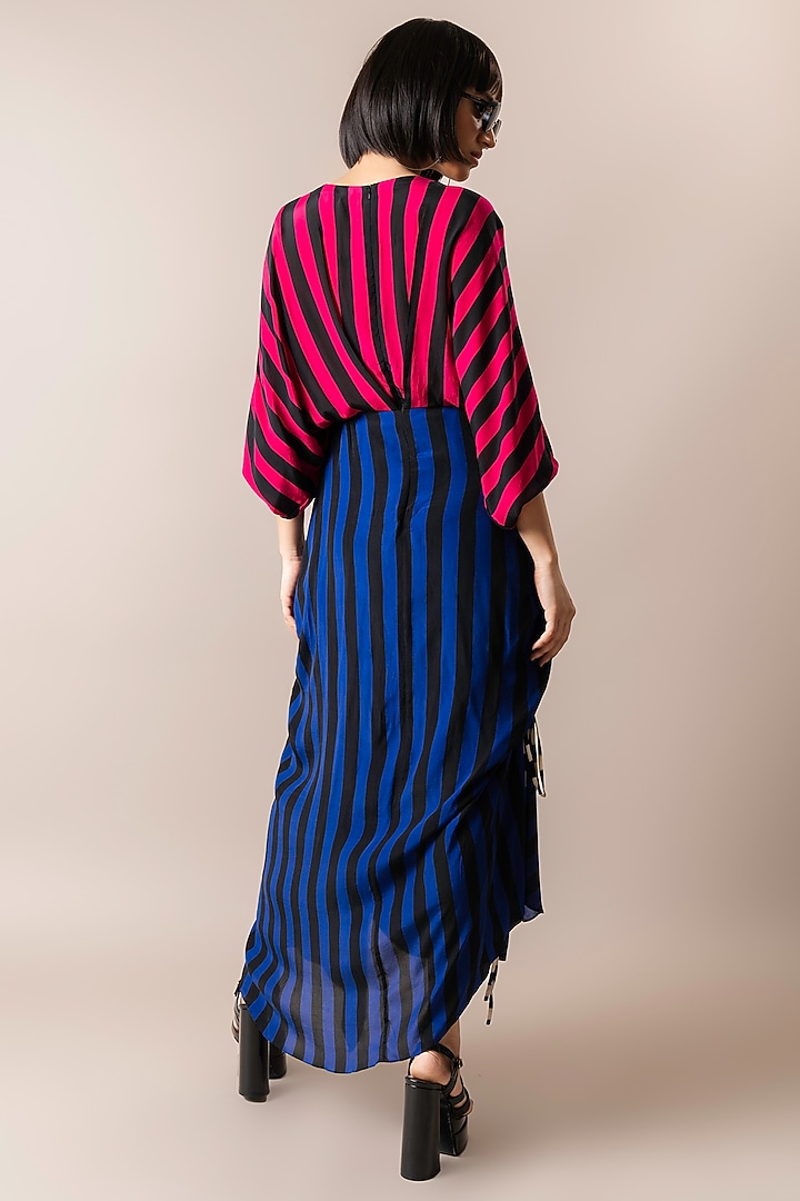 Magenta & Cobalt Crepe Stripe Printed Wrap Midi Vacation Dress by Nupur Kanoi at Pernia's Pop Up Shop