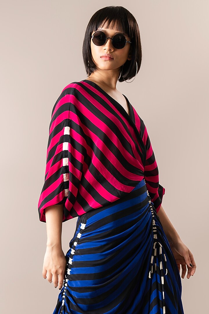 Magenta & Cobalt Crepe Stripe Printed Wrap Midi Vacation Dress by Nupur Kanoi at Pernia's Pop Up Shop