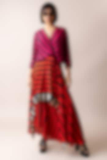 Magenta & Tangerine Crepe Stripe Printed Knee-Length Hanky Vacation Dress by Nupur Kanoi at Pernia's Pop Up Shop