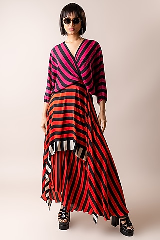Magenta & Tangerine Crepe Stripe Printed Knee-Length Hanky Dress by Nupur Kanoi