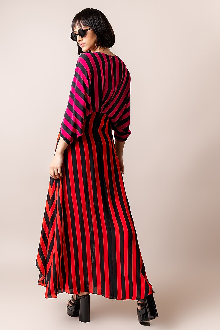 Magenta & Tangerine Crepe Stripe Printed Knee-Length Hanky Vacation Dress by Nupur Kanoi at Pernia's Pop Up Shop
