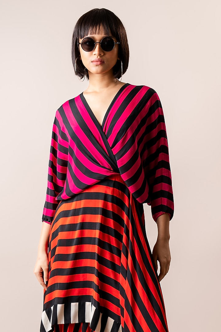 Magenta & Tangerine Crepe Stripe Printed Knee-Length Hanky Vacation Dress by Nupur Kanoi at Pernia's Pop Up Shop