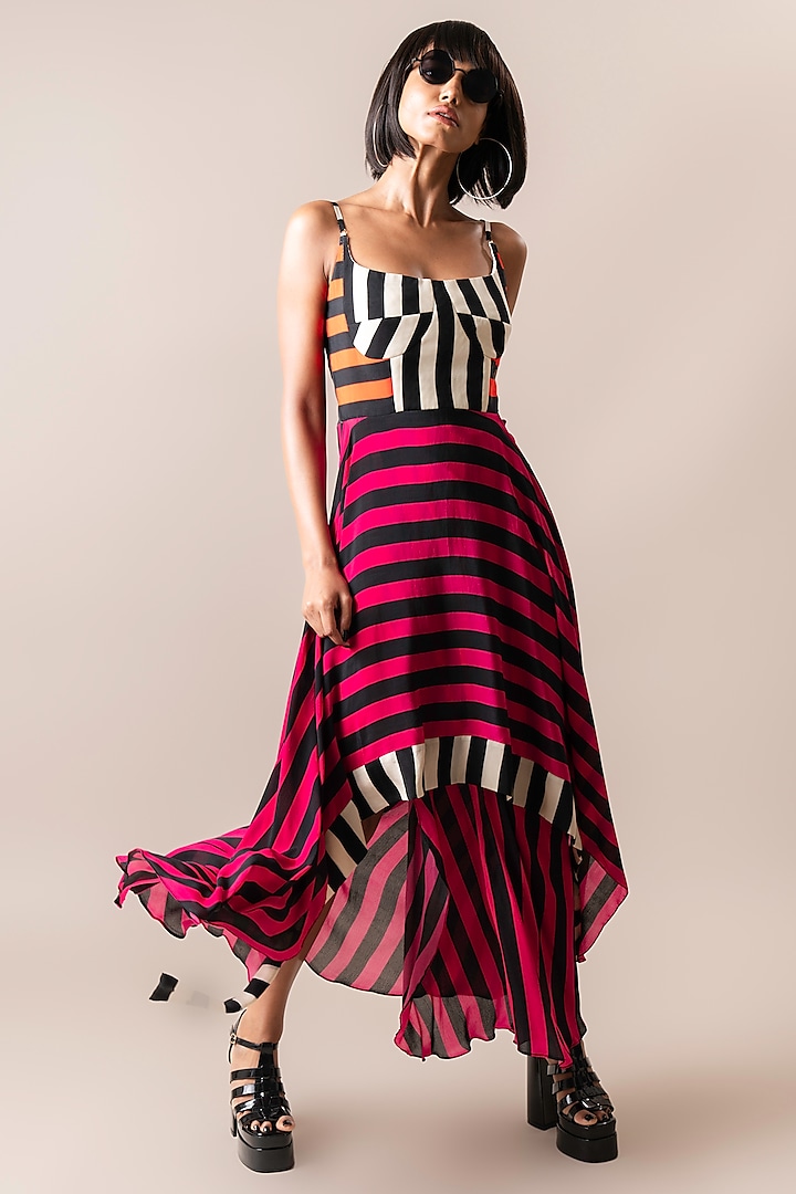 Magenta Crepe Stripe Printed Knee-Length Hanky Dress by Nupur Kanoi