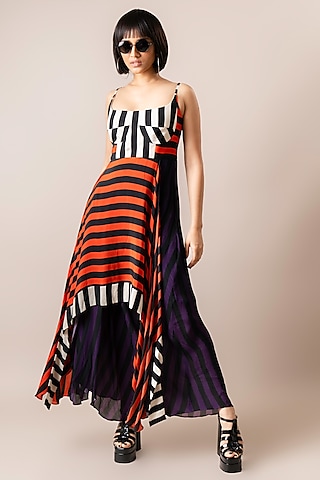 Tangerine & Aubergine Crepe Stripe Printed Maxi Hanky Dress by Nupur Kanoi