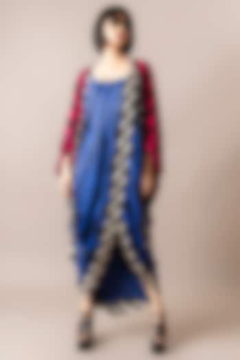 Cobalt Satin Stripe Printed Jacket Sack Dress by Nupur Kanoi