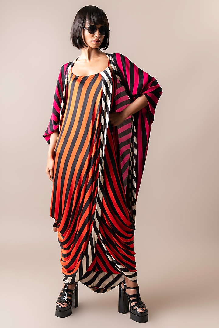 Tangerine Satin Stripe Printed Jacket Sack Dress by Nupur Kanoi