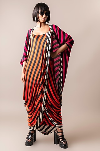 Tangerine Satin Stripe Printed Jacket Sack Dress by Nupur Kanoi