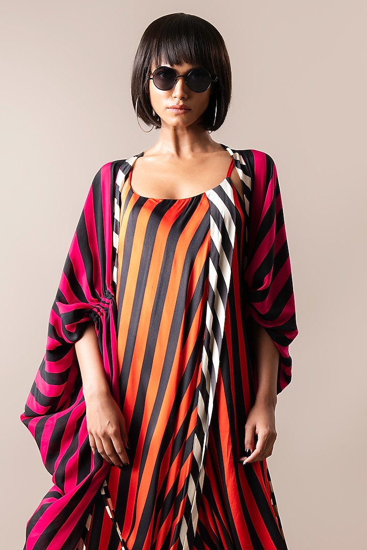 Tangerine Satin Stripe Printed Jacket Sack Cocktail Dress by Nupur Kanoi at Pernia's Pop Up Shop