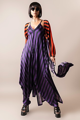 Aubergine Satin Stripe Printed Jumpsuit With Jacket by Nupur Kanoi