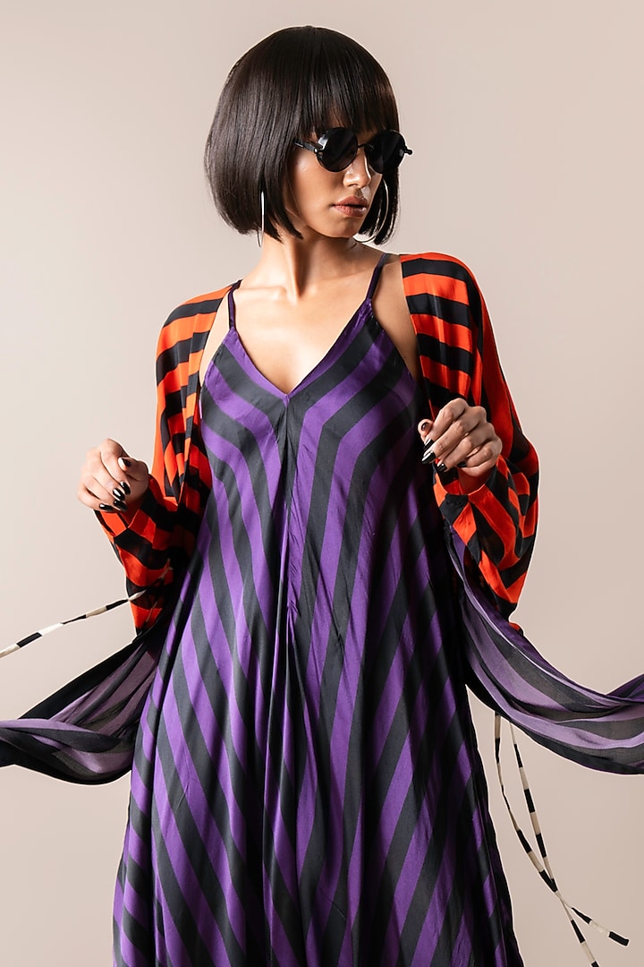 Aubergine Satin Stripe Printed Jumpsuit With Jacket by Nupur Kanoi at Pernia's Pop Up Shop