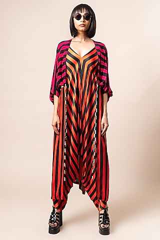 Tangerine Satin Stripe Printed Jumpsuit With Jacket by Nupur Kanoi