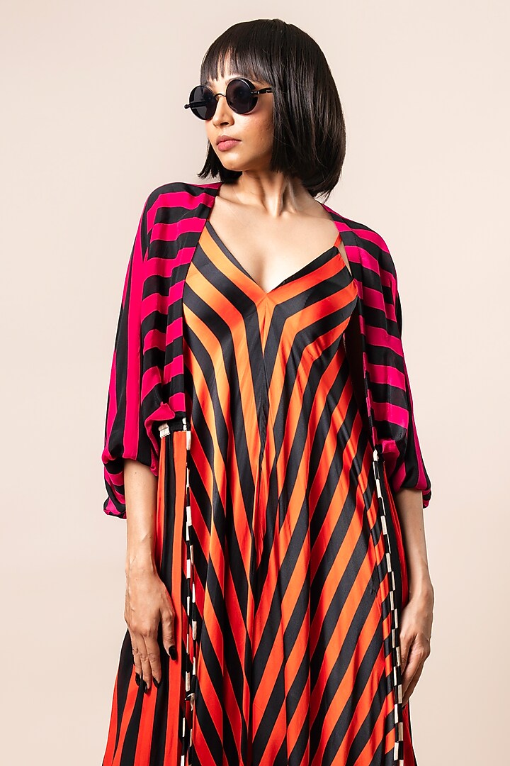 Tangerine Satin Stripe Printed Jumpsuit With Jacket by Nupur Kanoi at Pernia's Pop Up Shop