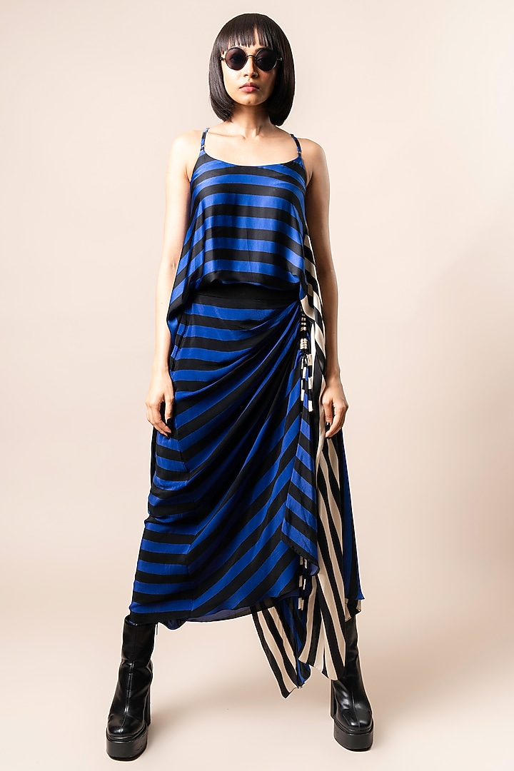 Cobalt Crepe & Satin Stripe Printed Skirt Set by Nupur Kanoi at Pernia's Pop Up Shop