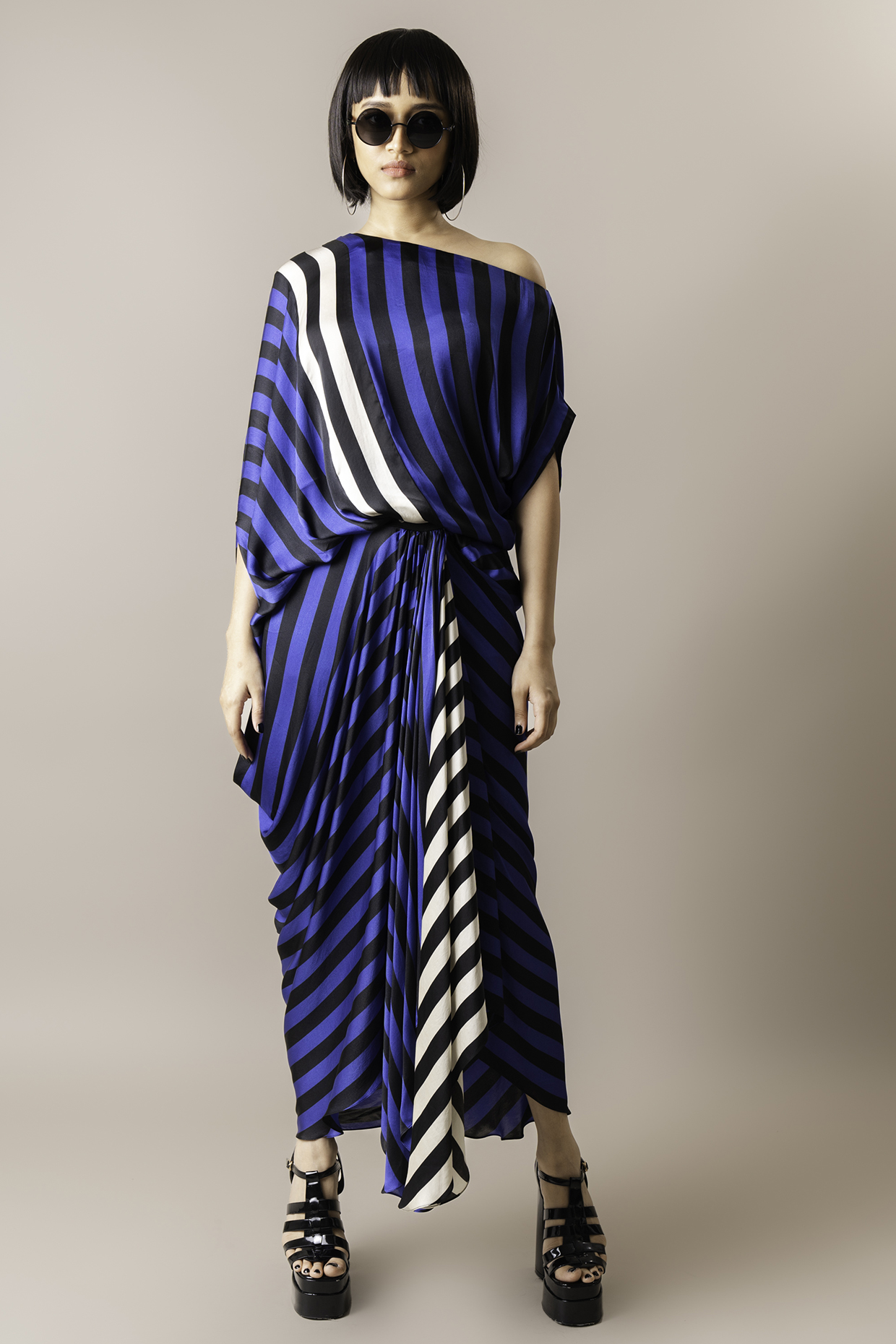 Cobalt Satin Stripe Printed Cowl Skirt Set by Nupur Kanoi at Pernia's Pop Up Shop