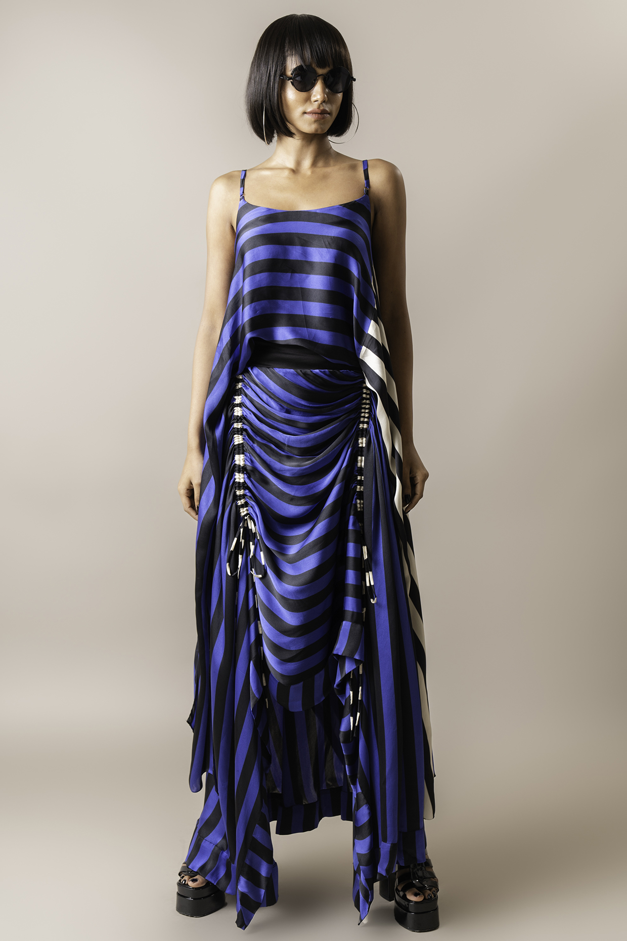 Cobalt Satin Stripe Printed Circular Gathered Skirt Set by Nupur Kanoi at Pernia's Pop Up Shop