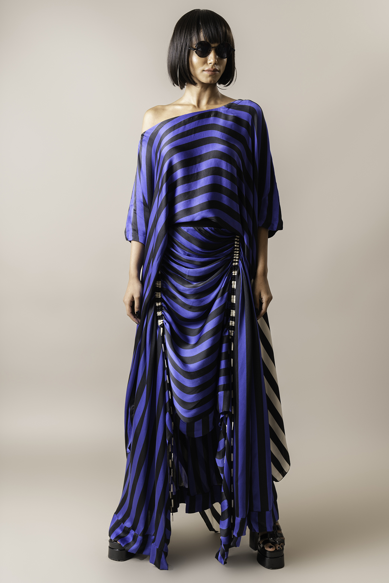 Cobalt Satin Digital Printed Circular Gathered Skirt Set by Nupur Kanoi at Pernia's Pop Up Shop