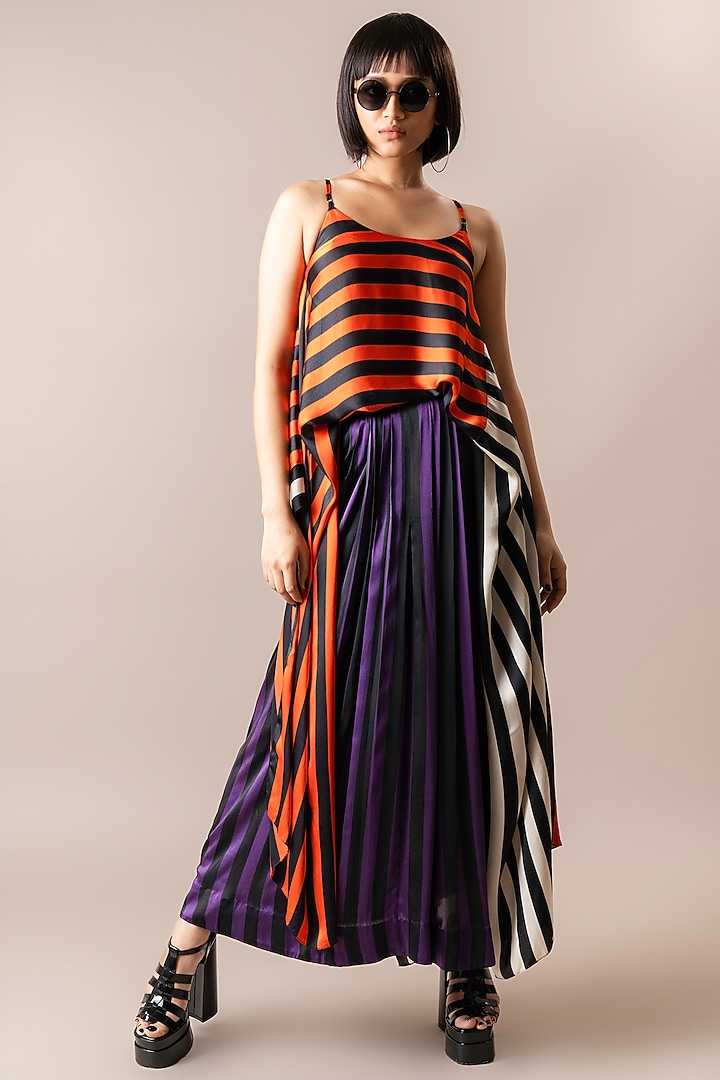 Aubergine Satin Stripe Digital Printed Lungi Skirt Set by Nupur Kanoi at Pernia's Pop Up Shop