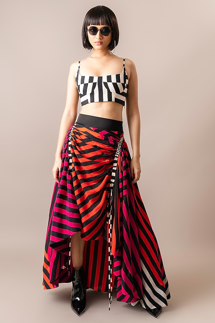 Magenta & Tangerine Crepe Stripe Digital Printed Lehenga Skirt Set by Nupur Kanoi at Pernia's Pop Up Shop