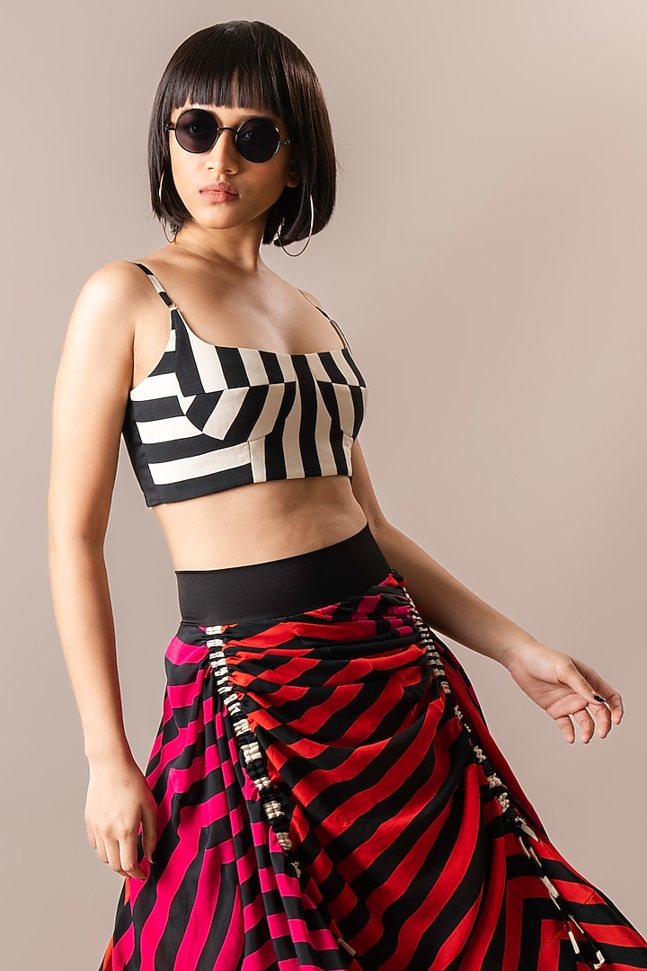 Magenta & Tangerine Crepe Stripe Digital Printed Lehenga Skirt Set by Nupur Kanoi at Pernia's Pop Up Shop