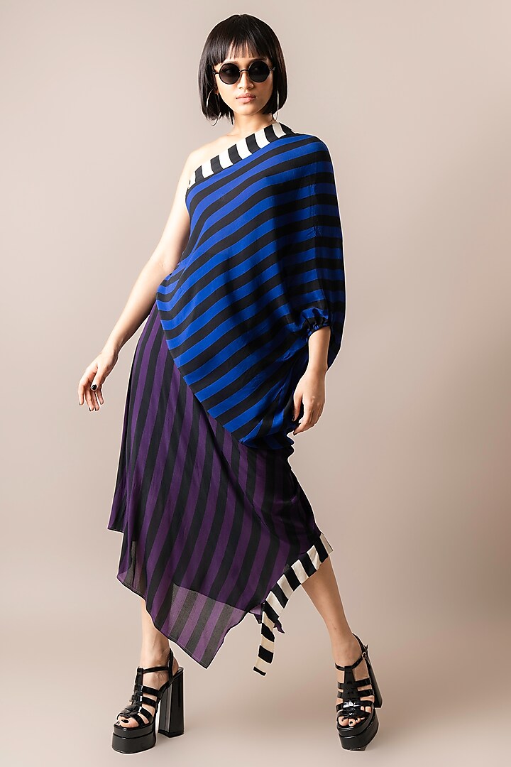 Cobalt & Aubergine Crepe Stripe Digital Printed One-Shoulder Sack Dress by Nupur Kanoi