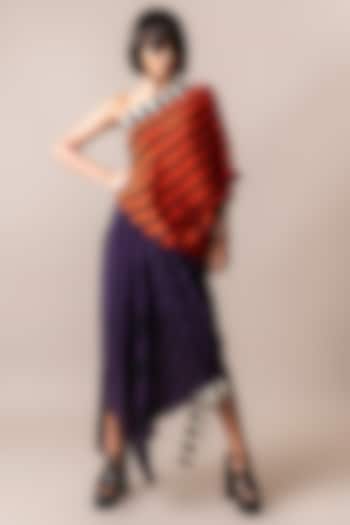 Tangerine & Aubergine Crepe Stripe Digital Printed One-Shoulder Sack Dress by Nupur Kanoi