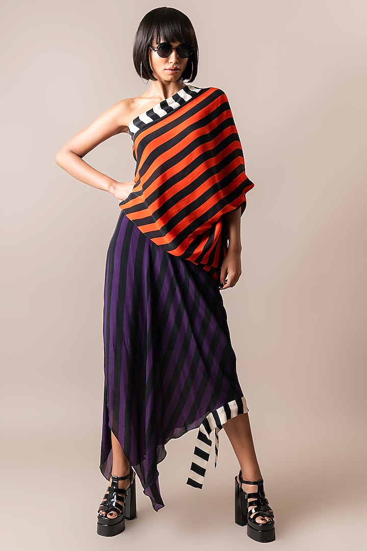 Tangerine & Aubergine Crepe Stripe Digital Printed One-Shoulder Sack Dress by Nupur Kanoi