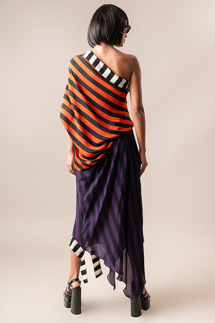 Tangerine & Aubergine Crepe Stripe Digital Printed One-Shoulder Sack Vacation Dress by Nupur Kanoi at Pernia's Pop Up Shop