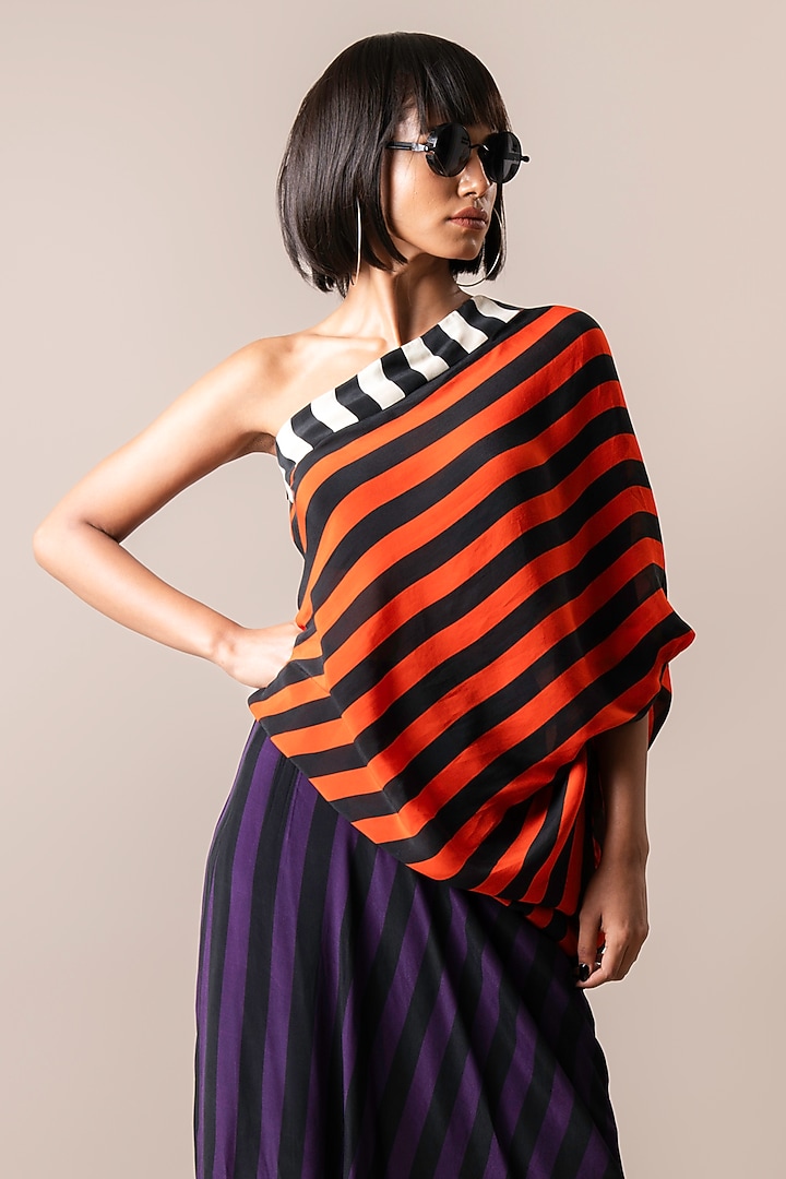 Tangerine & Aubergine Crepe Stripe Digital Printed One-Shoulder Sack Vacation Dress by Nupur Kanoi at Pernia's Pop Up Shop
