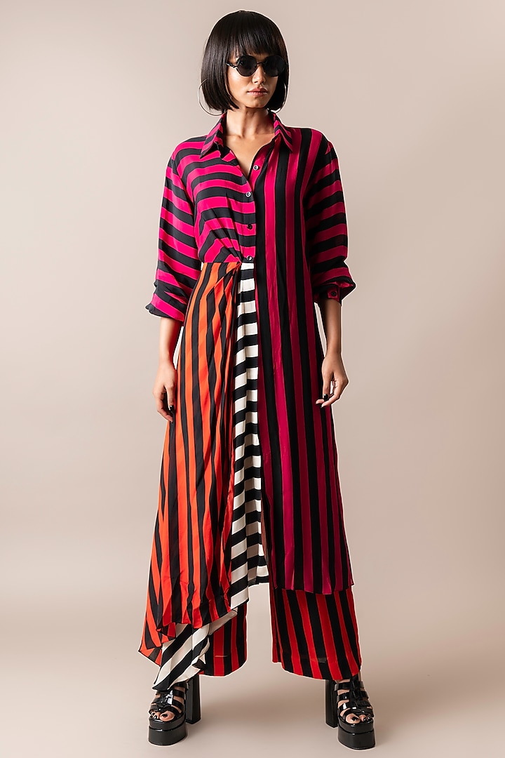 Magenta & Tangerine Crepe Stripe Digital Printed Co-Ord Set by Nupur Kanoi at Pernia's Pop Up Shop