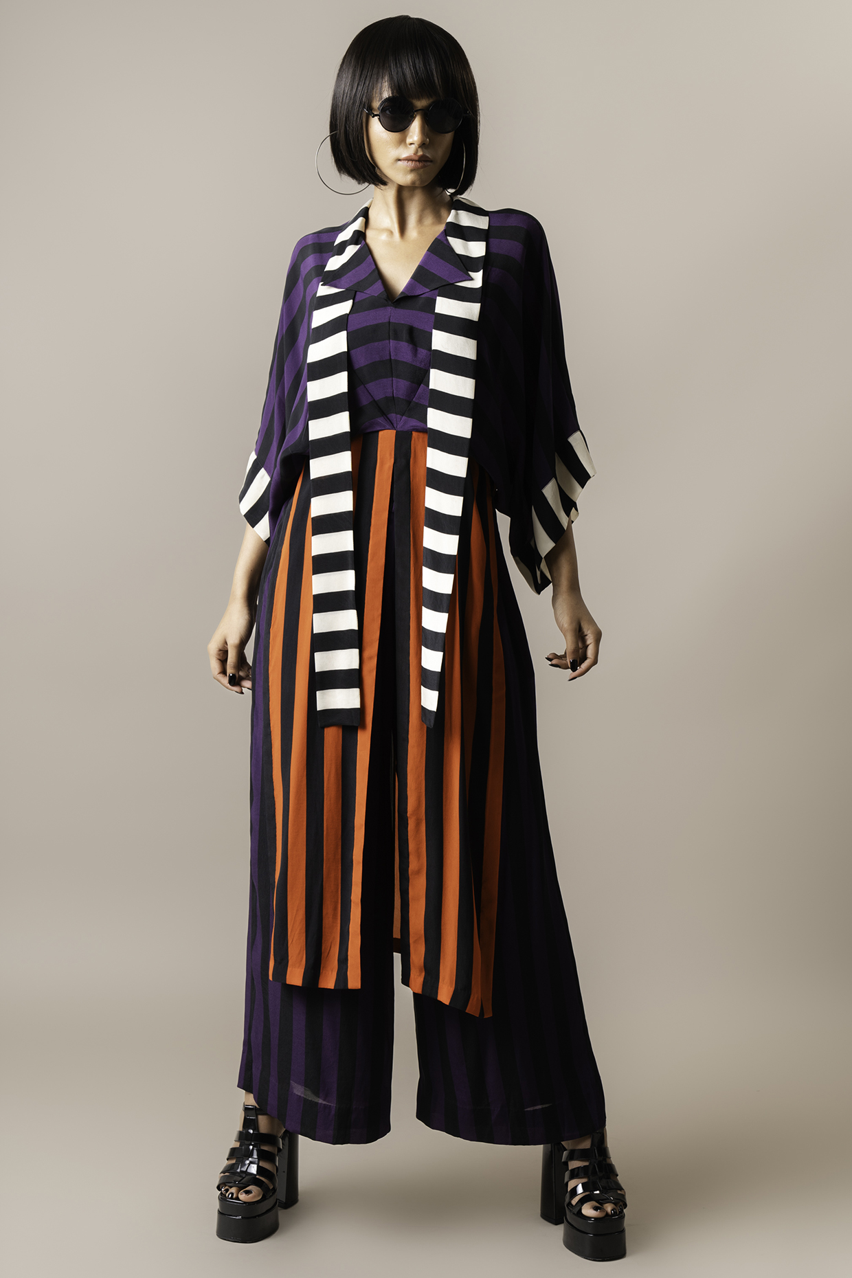 Aubergine & Tangerine Crepe Stripe Digital Printed Co-Ord Set by Nupur Kanoi at Pernia's Pop Up Shop