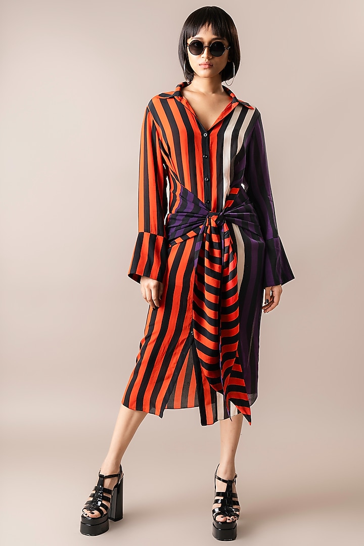 Tangerine Crepe Striped Digital Print Long Knotted Shirt by Nupur Kanoi