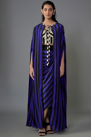 Cobalt Blue Crepe Stripes Printed Gathered Cape Set by Nupur Kanoi