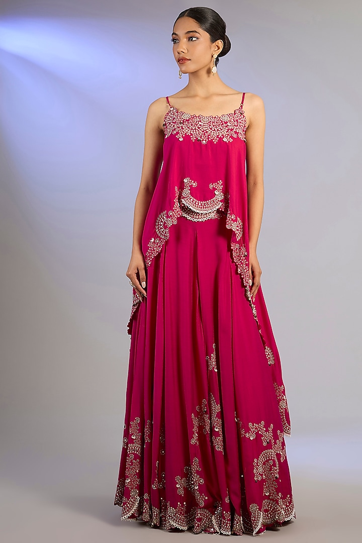 Fuchsia Silk & Crepe Hand Embroidered Wedding Lehenga Set by Nupur Kanoi at Pernia's Pop Up Shop