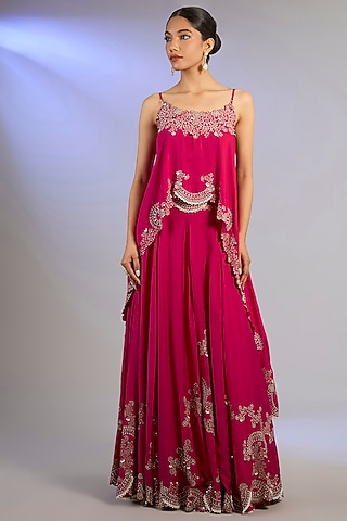 Fuchsia Silk & Crepe Hand Embroidered Lehenga Set by Nupur Kanoi