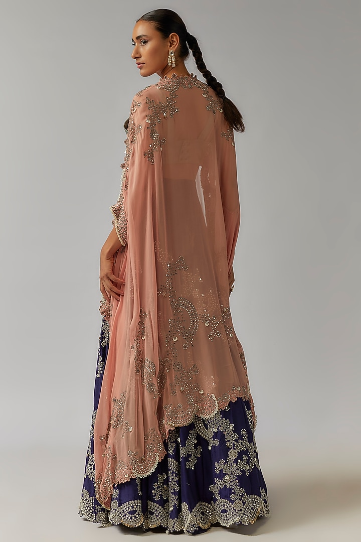 Old Rose & Navy Blue Silk Mirror Cutwork Embroidered Jacket Bridal Lehenga Set by Nupur Kanoi at Pernia's Pop Up Shop