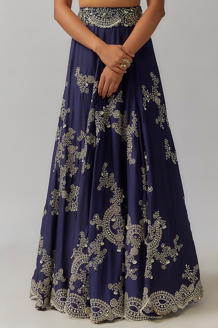 Old Rose & Navy Blue Silk Mirror Cutwork Embroidered Jacket Bridal Lehenga Set by Nupur Kanoi at Pernia's Pop Up Shop