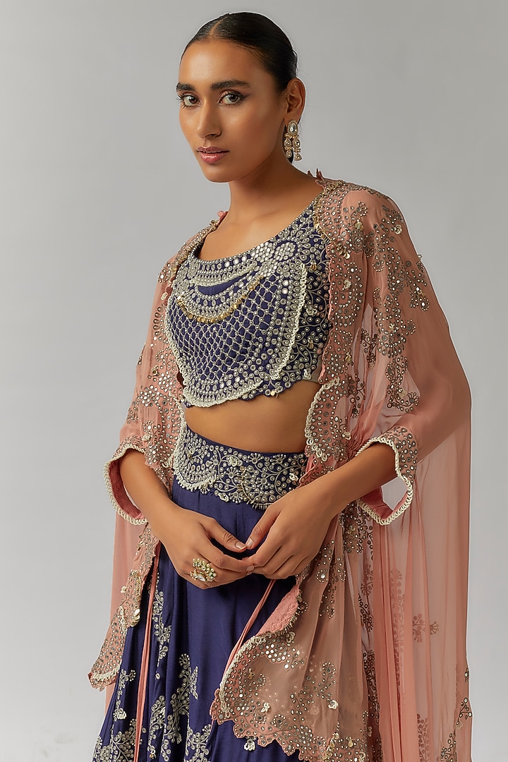 Old Rose & Navy Blue Silk Mirror Cutwork Embroidered Jacket Bridal Lehenga Set by Nupur Kanoi at Pernia's Pop Up Shop