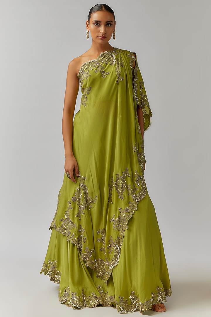 Pista Green Crepe Mirror Cutwork Embroidered Bridal Sharara Set by Nupur Kanoi at Pernia's Pop Up Shop