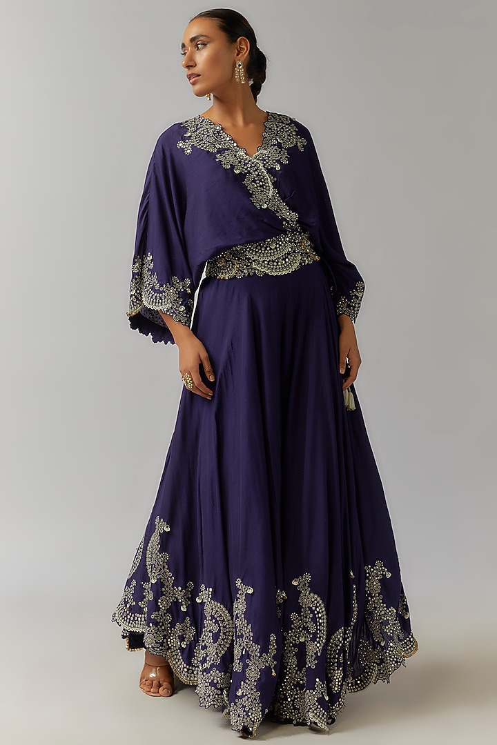 Navy Blue Silk Mirror Cutwork Embroidered Bridal Sharara Set by Nupur Kanoi at Pernia's Pop Up Shop