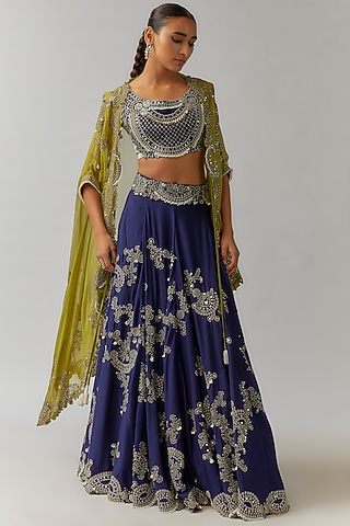 Pista Green & Navy Blue Silk Mirror Cutwork Embroidered Jacket Lehenga Set by Nupur Kanoi